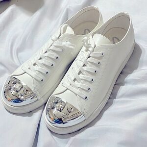 Cape Robbin Faux Leather White Sneakers Jeweled Silver Toe Cap